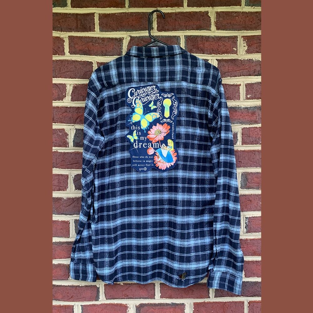 Disney Alice in Wonderland Distressed Reworked Upcycled Button Down Flannel